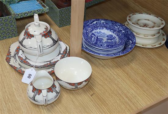 An Orange Tree Crown Ducal teapot, cream jug and sugar bowl and three plates, Spode Italian fruit set and Bunnykins plate and bowls